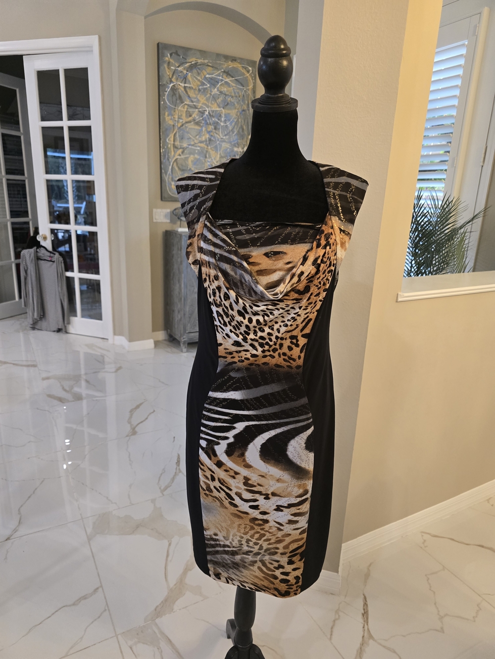 Cowl-Neck Animal Print Midi Dress in Black and Tan